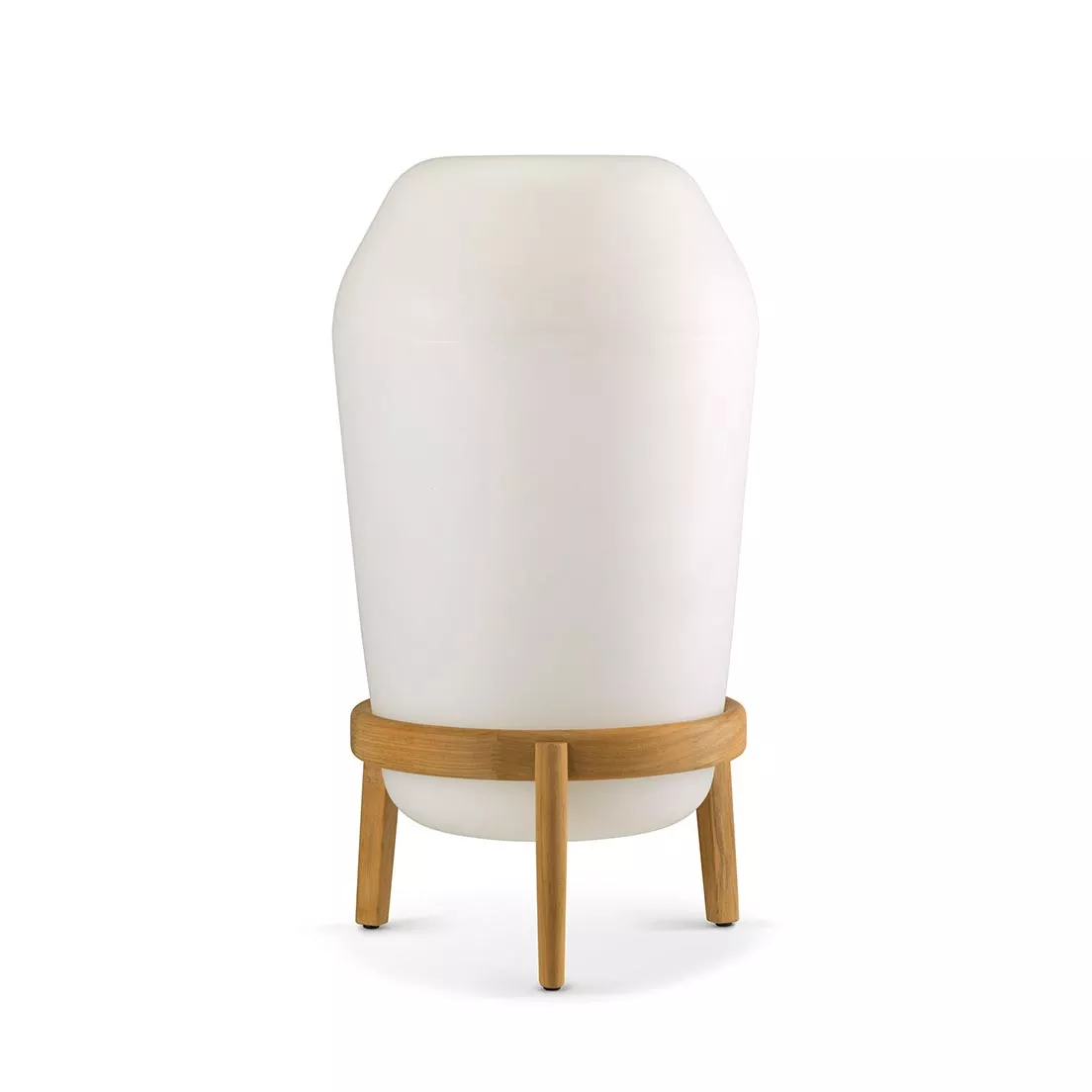 Dedon Loon Gartenleuchte Bodenleuchte in Weiß mit Holzgestell auf weißem Hintergrund