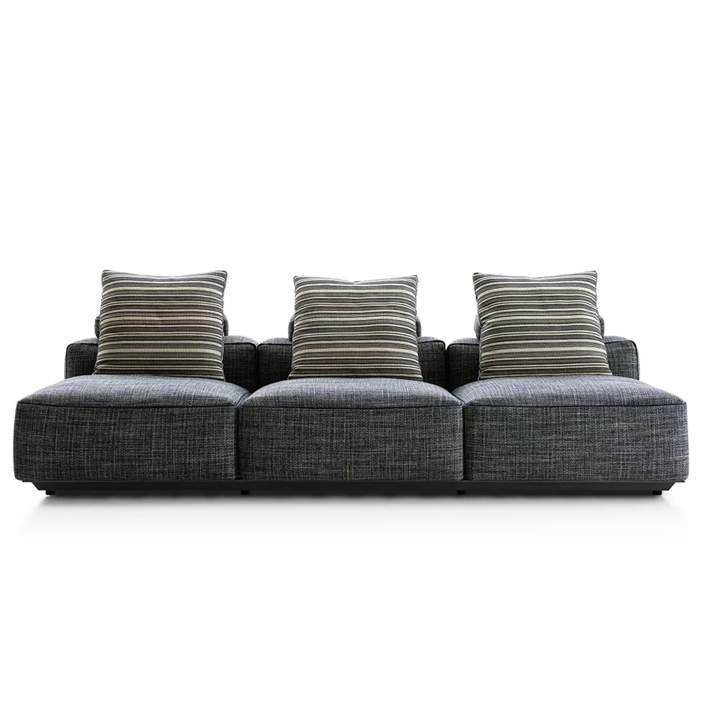 B&B Italia Hybrid Sofa in dunklem Stoff mit drei gestreiften Kissen auf weißem Hintergrund