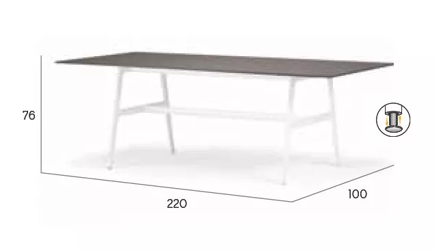 Dedon Seax Esstisch rechteckig 100 x 220 cm in technischer Zeichnung mit Maßen 76 cm Höhe 220 cm Länge und 100 cm Breite.