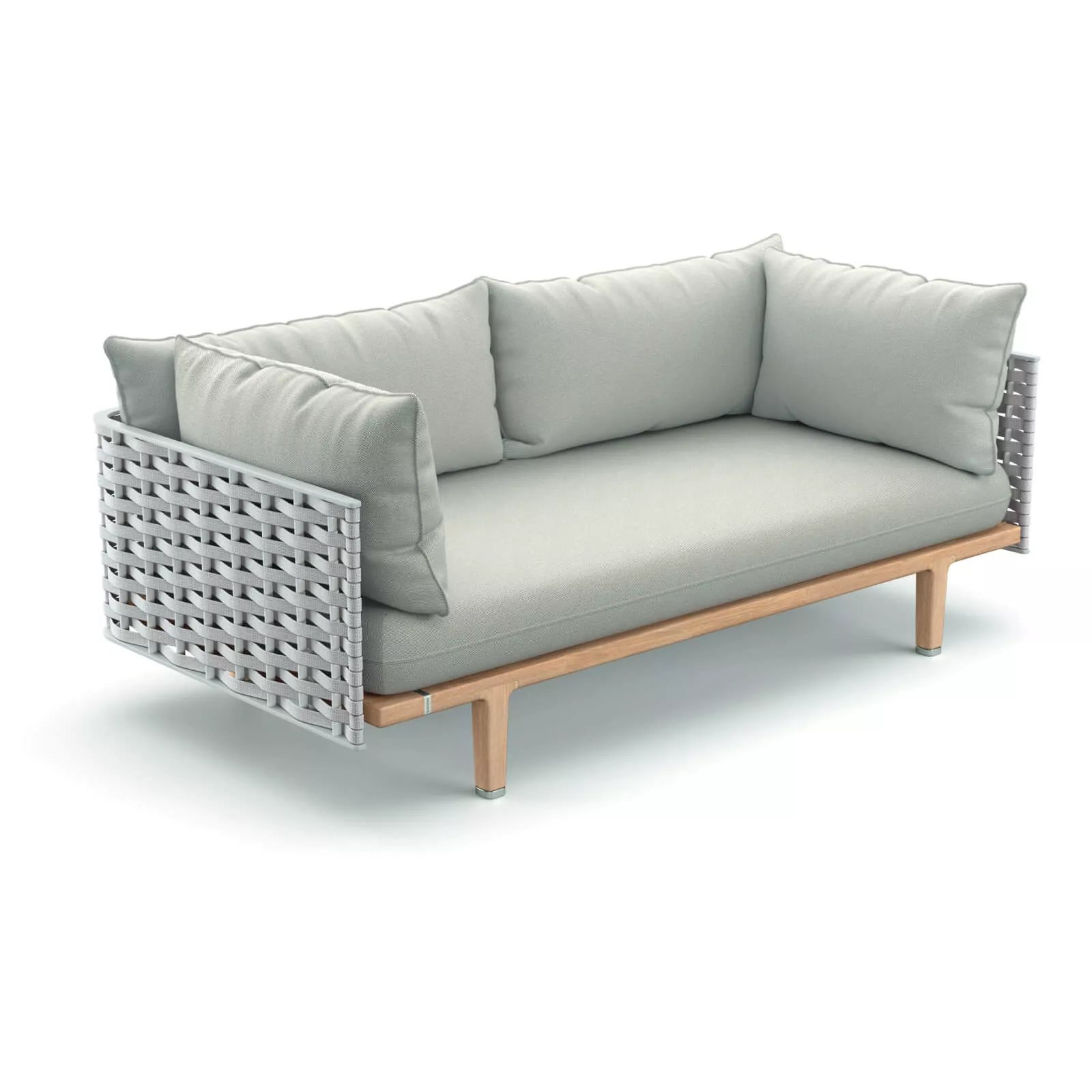 Dedon Sealine 2er Sofa mit hellgrauen Kissen und geflochtenen Seitenlehnen auf einem Holzrahmen ohne Hintergrund