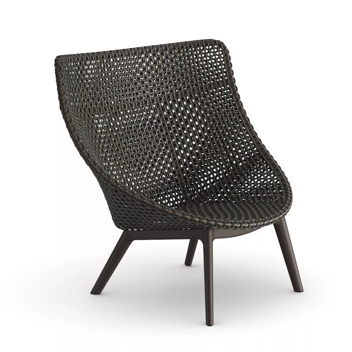 Dedon Mbrace Arabica Sessel in dunklem Geflecht mit Holzbeinen ohne Hintergrund