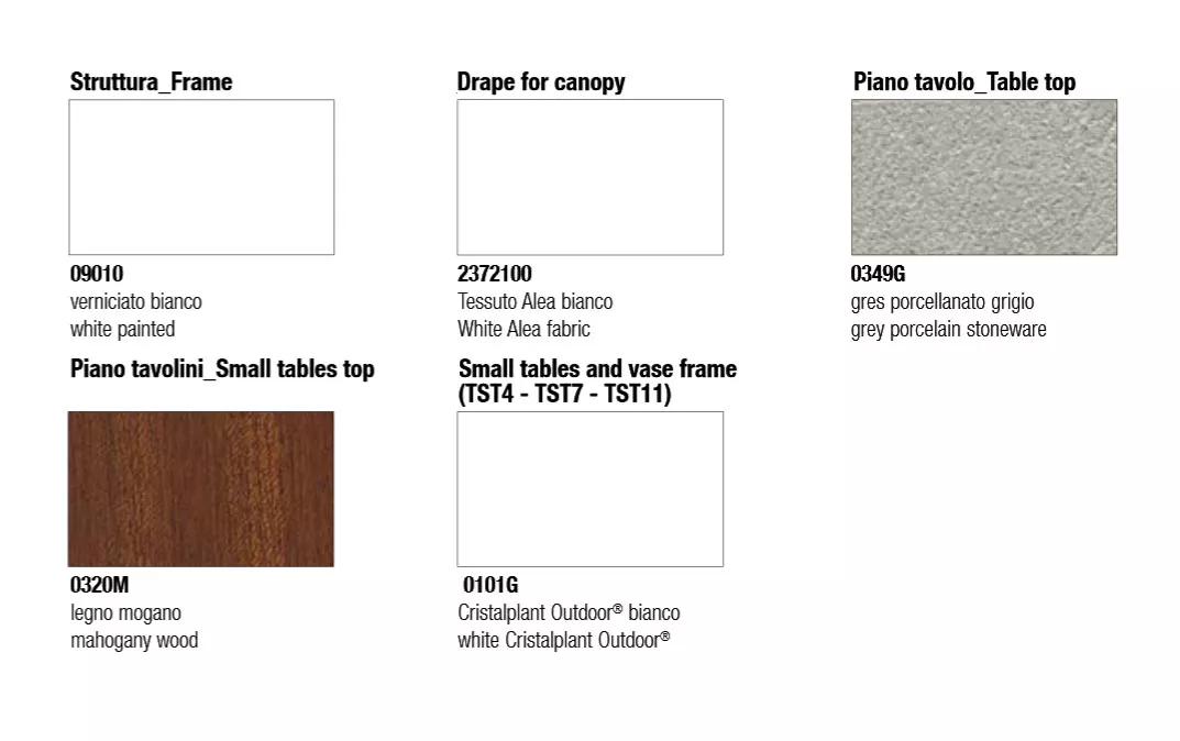 Technisches Datenblatt mit verschiedenen Materialien und Farben für B&B Italia Springtime Outdoor Kollektion einschließlich Holz und Porzellan.