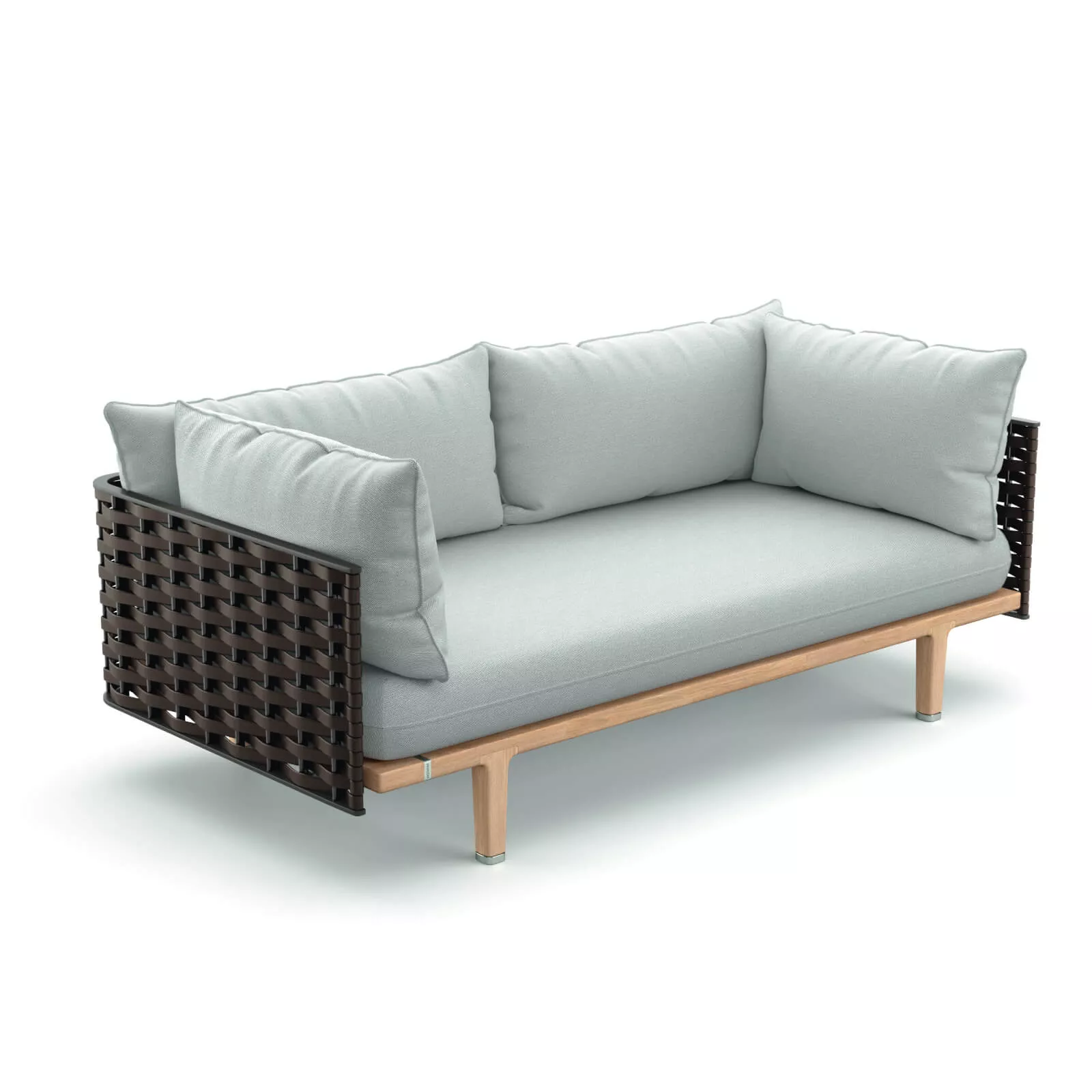 Dedon Sealine 2er Sofa Titan mit hellgrauen Kissen und dunklem Geflecht auf Holzgestell ohne Hintergrund