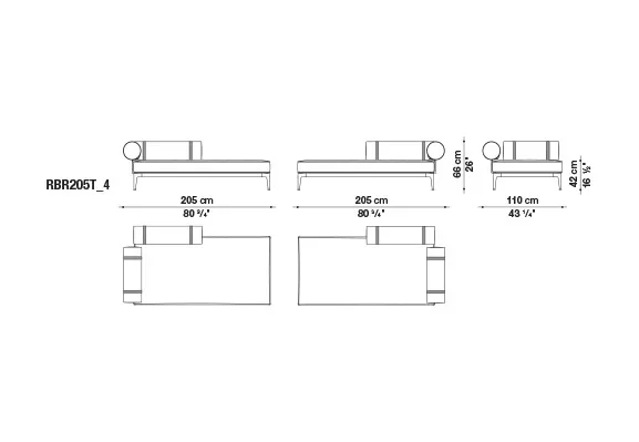 Technisches Datenblatt des B&B Italia Ribes Loungemoduls links mit den Maßen 205 cm Länge 68 cm Höhe und 110 cm Tiefe