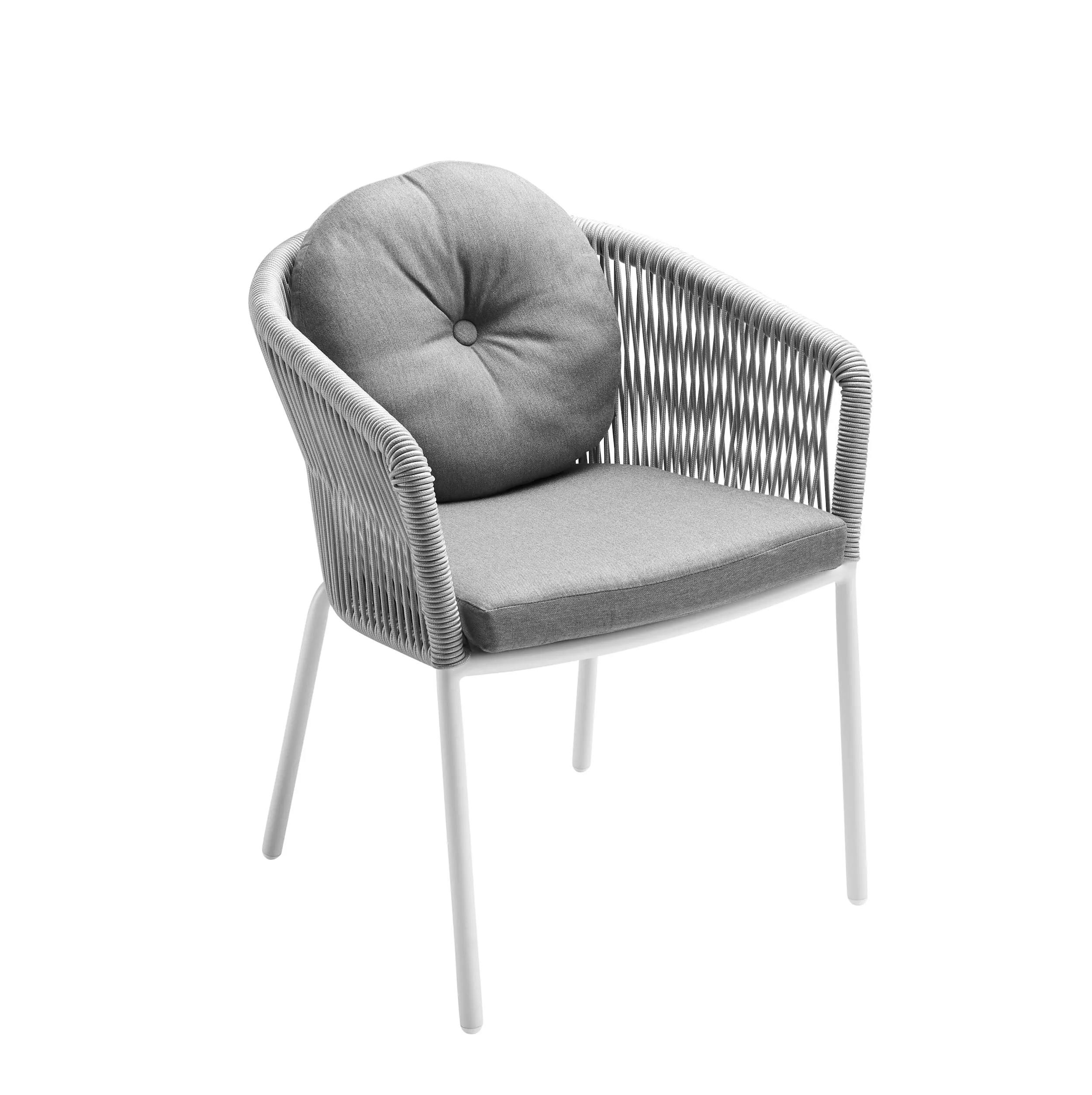 Solpuri Loop Dining Sessel in Weiß mit grauem Kissen in einem Studio ohne Hintergrund