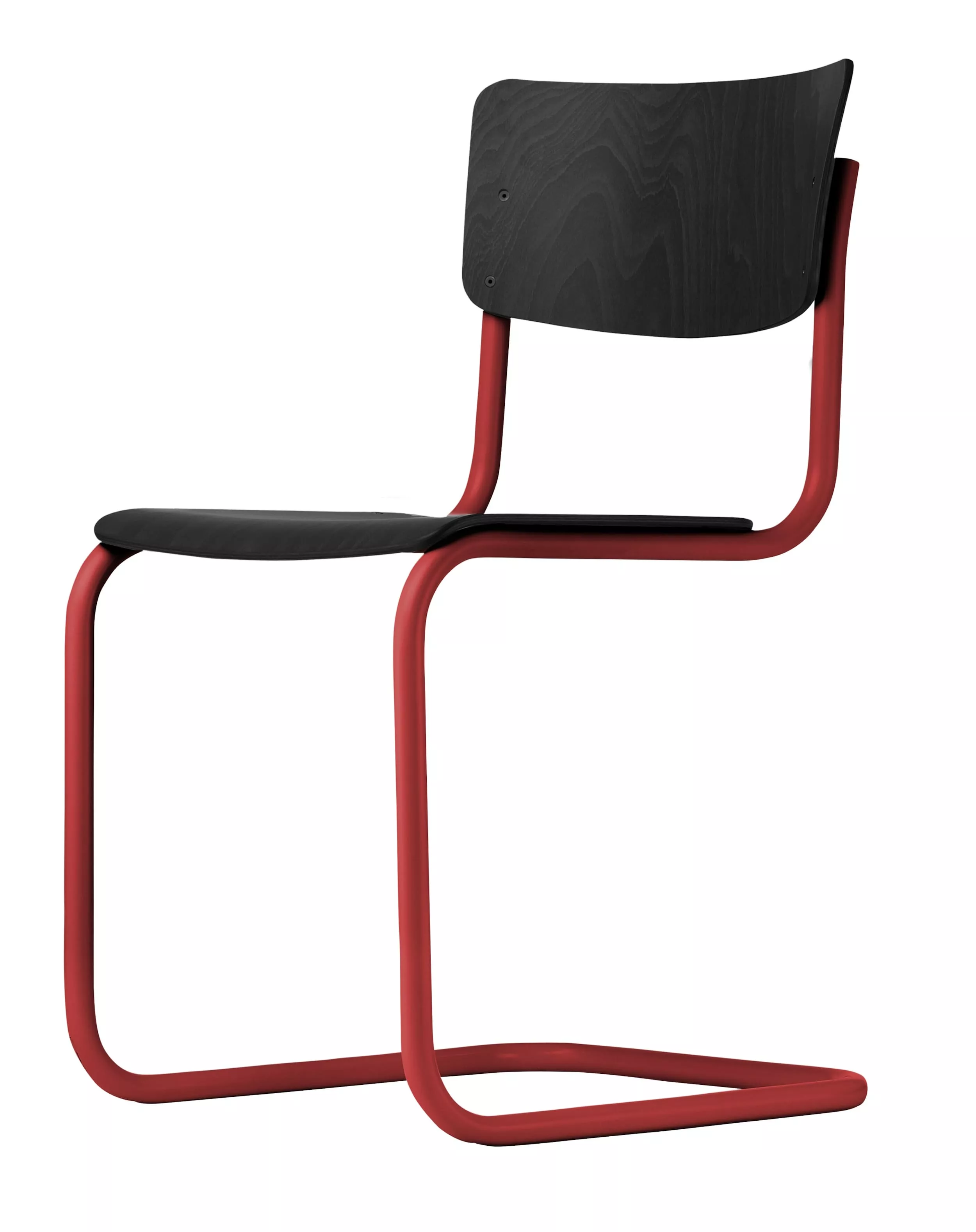 Thonet Stuhl S 43 mit schwarzer Sitzfläche und Rückenlehne sowie rotem Gestell freigestellt ohne Hintergrund