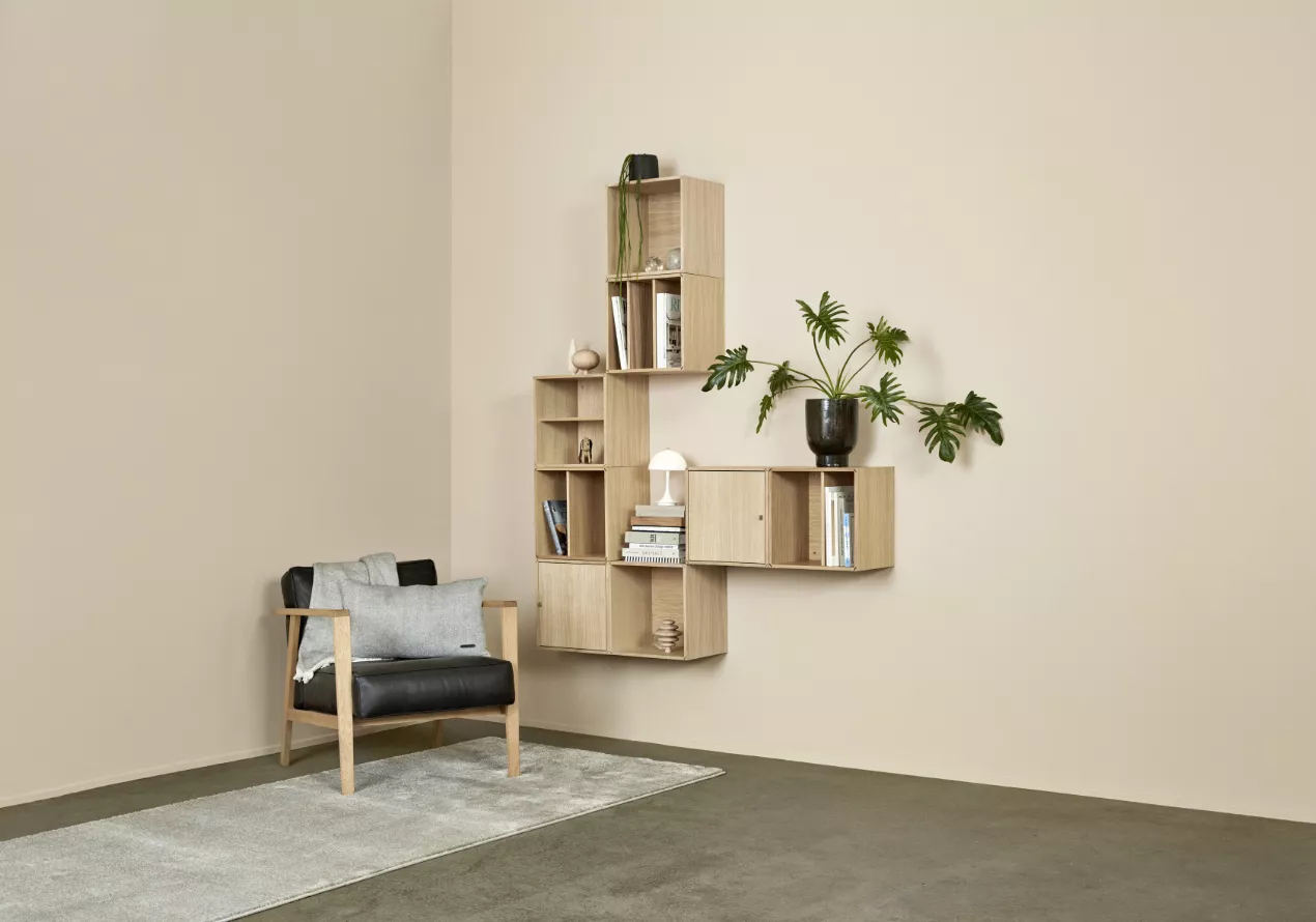 LC Kollektion Wohnzimmer-Szene mit schwarzem Sessel, hellem Holzregal und grüner Pflanze vor beigem Hintergrund.