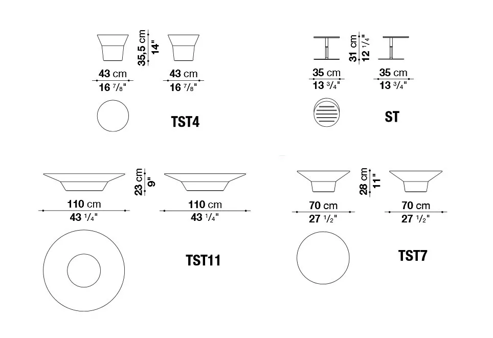 Technisches Datenblatt für B&B Italia Springtime Outdoor Beistelltisch mit verschiedenen Größen und Abmessungen in einer schematischen Darstellung