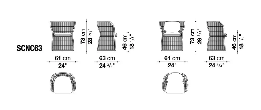 B&B Italia Canasta 13 Outdoor Gartenstuhl 62 cm technische Zeichnung mit Maßen und Ansichten des Stuhls von vorne seitlich und oben
