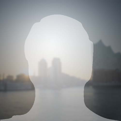 Platzhalterbild mit unscharfem Hintergrund einer Stadtansicht bei Sonnenuntergang, Silhouette im Vordergrund.