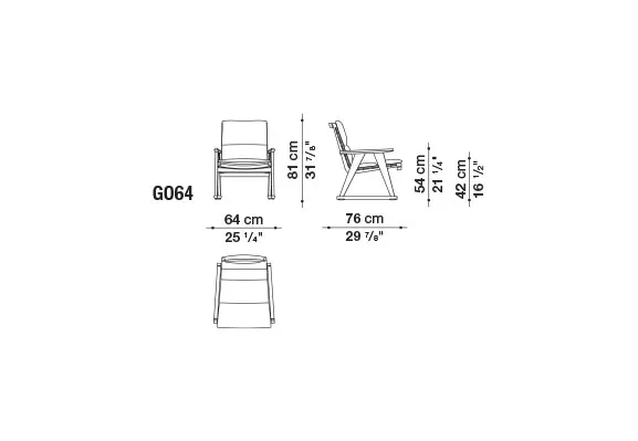 Technisches Datenblatt des B&B Italia Gio Loungesessels mit Abmessungen in Zentimetern und Zollansichten von vorne seitlich und oben