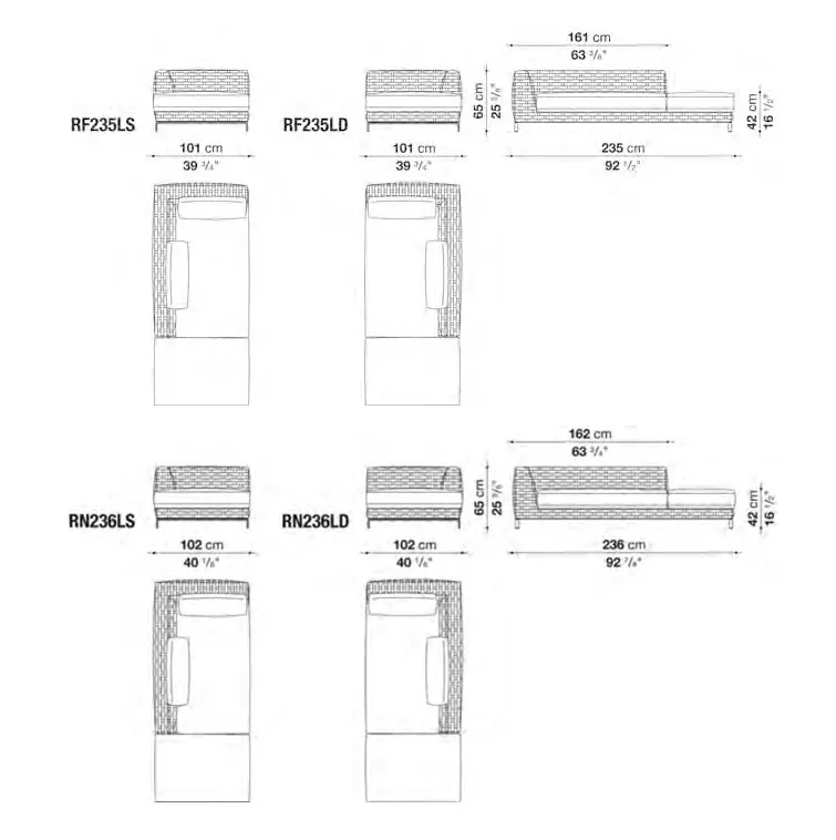 Technisches Datenblatt der B&B Italia Ray Outdoor Chaiselongue links mit den Maßen 235x101x40 cm in natürlichem Stoff