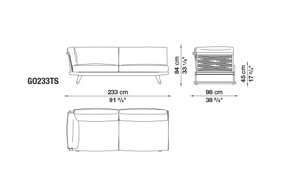 B&B Italia Gio Gartensofa Eckmodul 233 cm links technische Zeichnung mit Maßen und Ansichten von vorne seitlich und oben