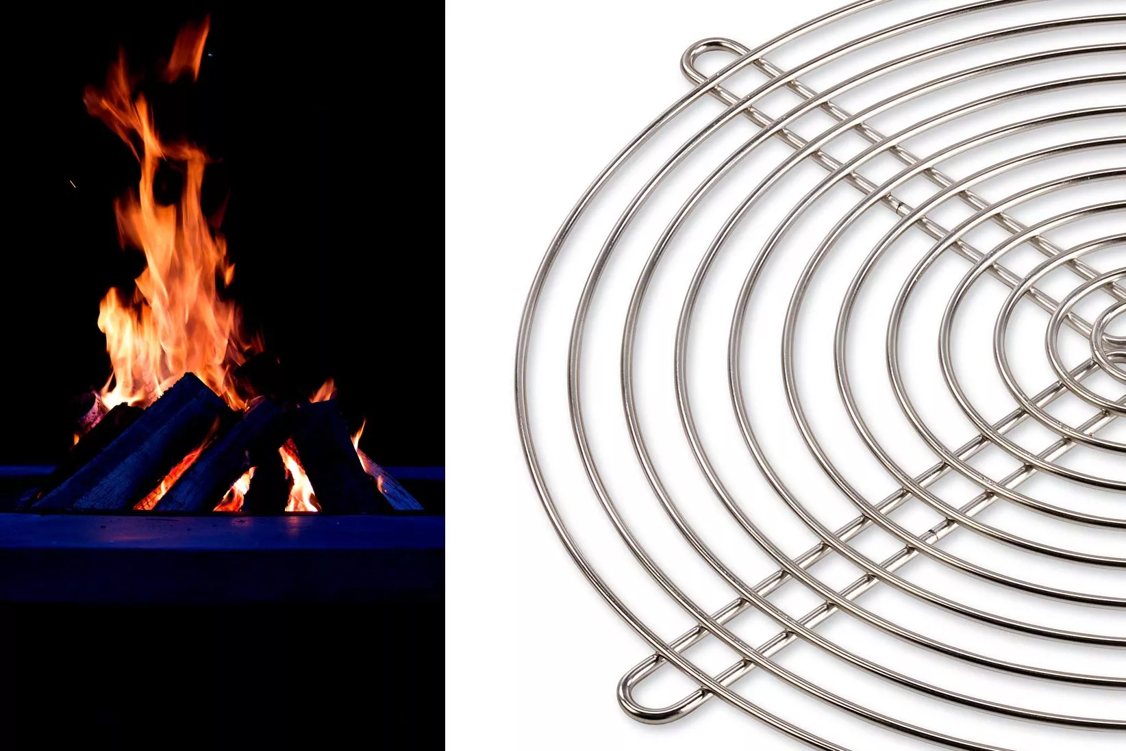 AK47 Ercole Beton Stahl Feuerstelle mit brennendem Feuer und einem runden Grillrost ohne Hintergrund