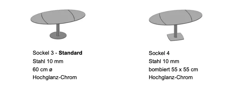 Draenert Sockel 3 Standard aus 10 mm Stahl mit 60 cm Durchmesser in Hochglanz-Chrom und Sockel 4 aus 10 mm Stahl bombiert 55x55 cm in Hochglanz-Chrom technische Zeichnung