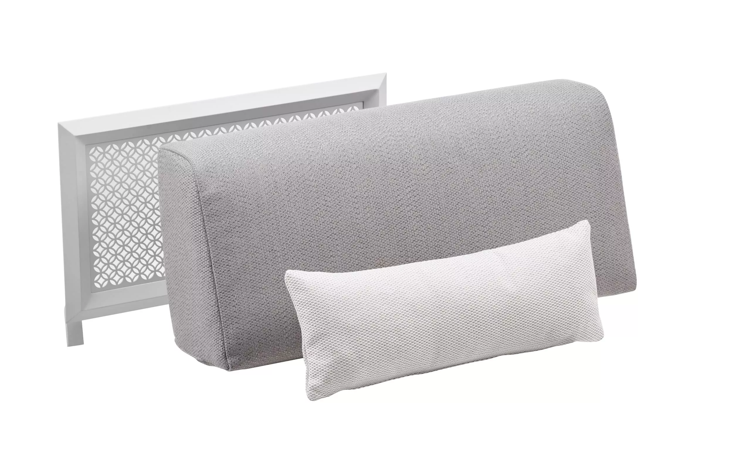 Solpuri Boom Rücken Modul Anbau in Grau mit weißem Kissen ohne Hintergrund.