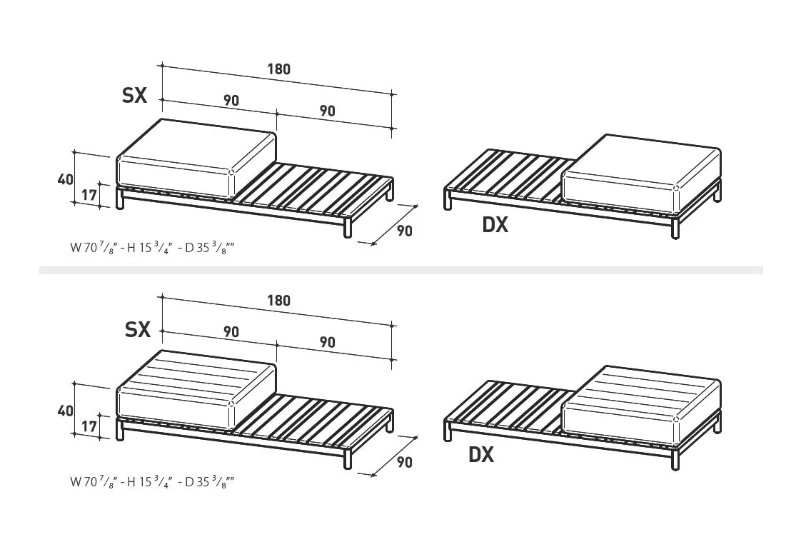 Varaschin Barcode Loungehocker Modul 180 cm mit Teakholzgestell und Ablagefläche