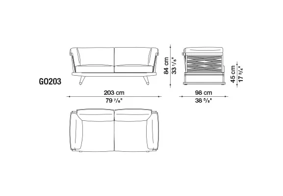Technische Zeichnung des B&B Italia Gio Loungegruppe Gartensofas mit den Maßen 203 cm Breite 98 cm Tiefe und 84 cm Höhe.