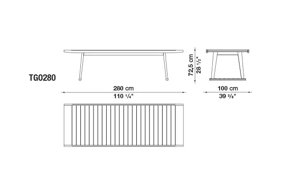 Technische Zeichnung des B&B Italia Gio Gartentischs mit den Maßen 280 cm Länge 100 cm Breite und 72.5 cm Höhe.
