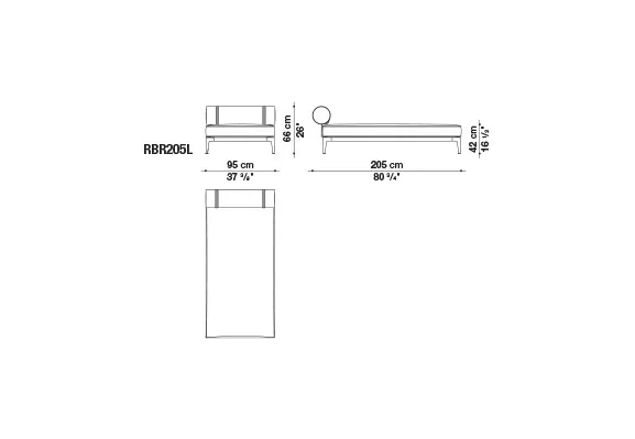 Technisches Datenblatt des B&B Italia Ribes Chaiselongue Moduls mit den Maßen 205 cm Länge 95 cm Breite und 48 cm Höhe