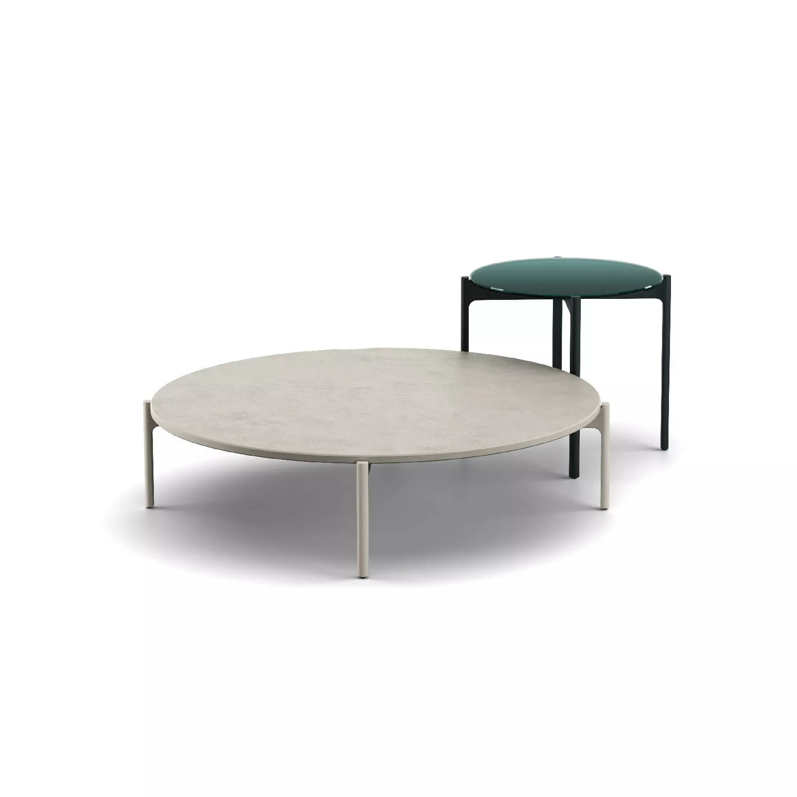 Dedon Izon Kollektion zeigt zwei moderne runde Tische in verschiedenen Größen und Farben auf weißem Hintergrund