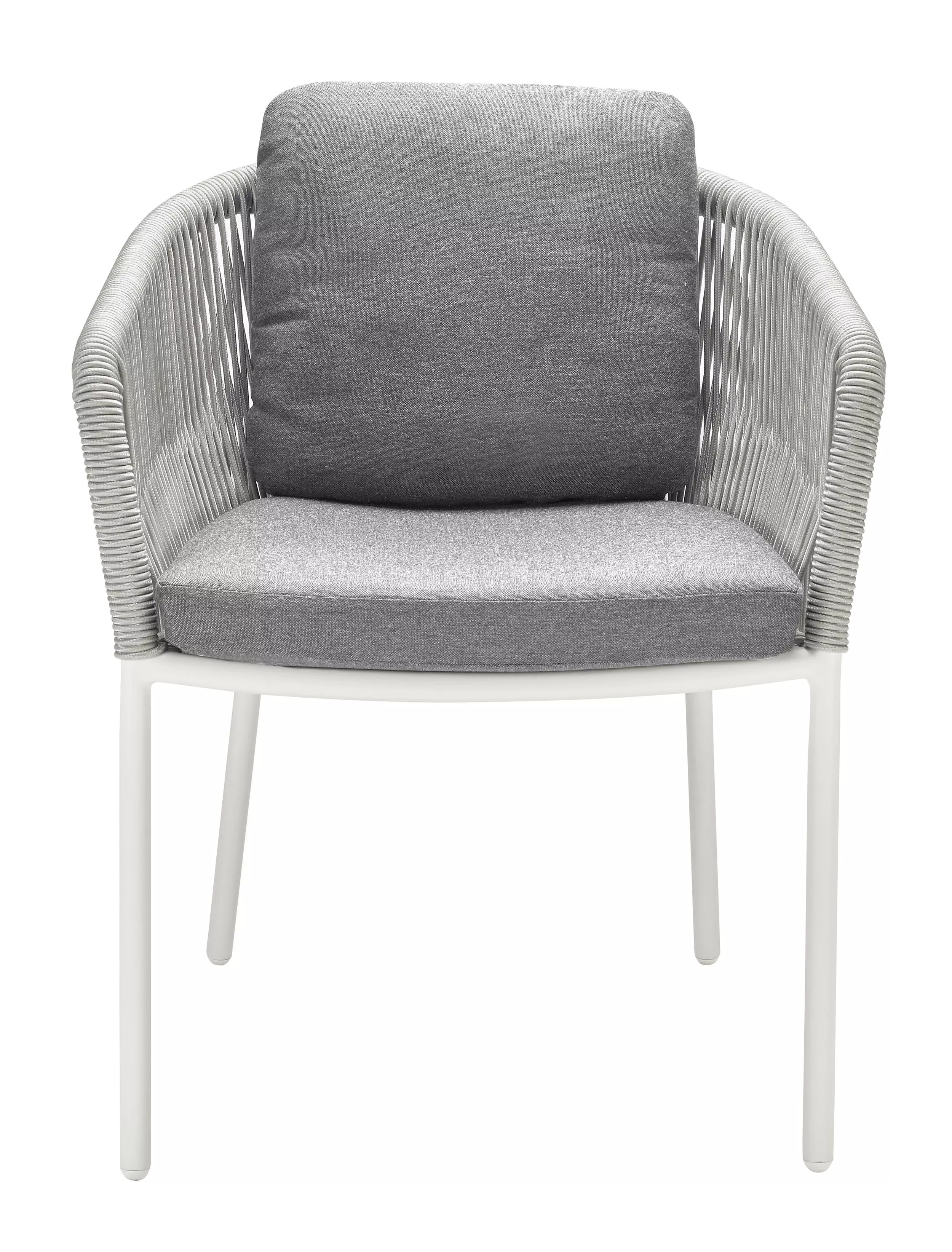 Solpuri Loop Dining Sessel in Weiß mit grauen Kissen ohne Hintergrund
