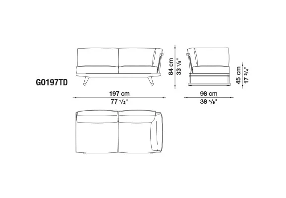 B&B Italia Gio Gartensofa Eckmodul 197 cm rechts technische Zeichnung mit Maßen und Ansichten von vorne und der Seite