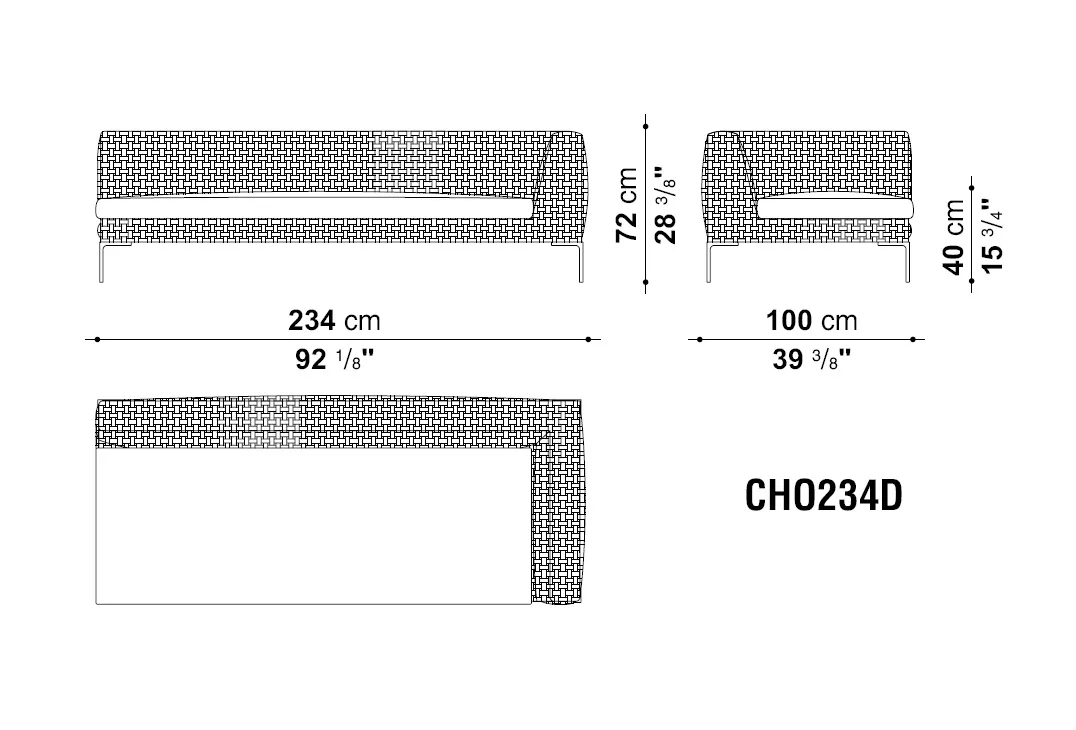 Technisches Datenblatt des Charles Outdoor Endelement rechts 234 cm von B&B Italia mit Abmessungen und Skizzenansicht.