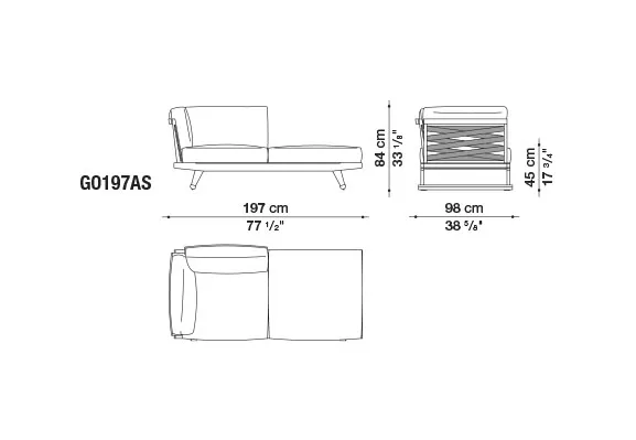 B&B Italia Gio Gartensofa Eckmodul 197 cm links technische Zeichnung mit Maßen 197 cm Breite 84 cm Höhe 98 cm Tiefe 45 cm Sitzhöhe