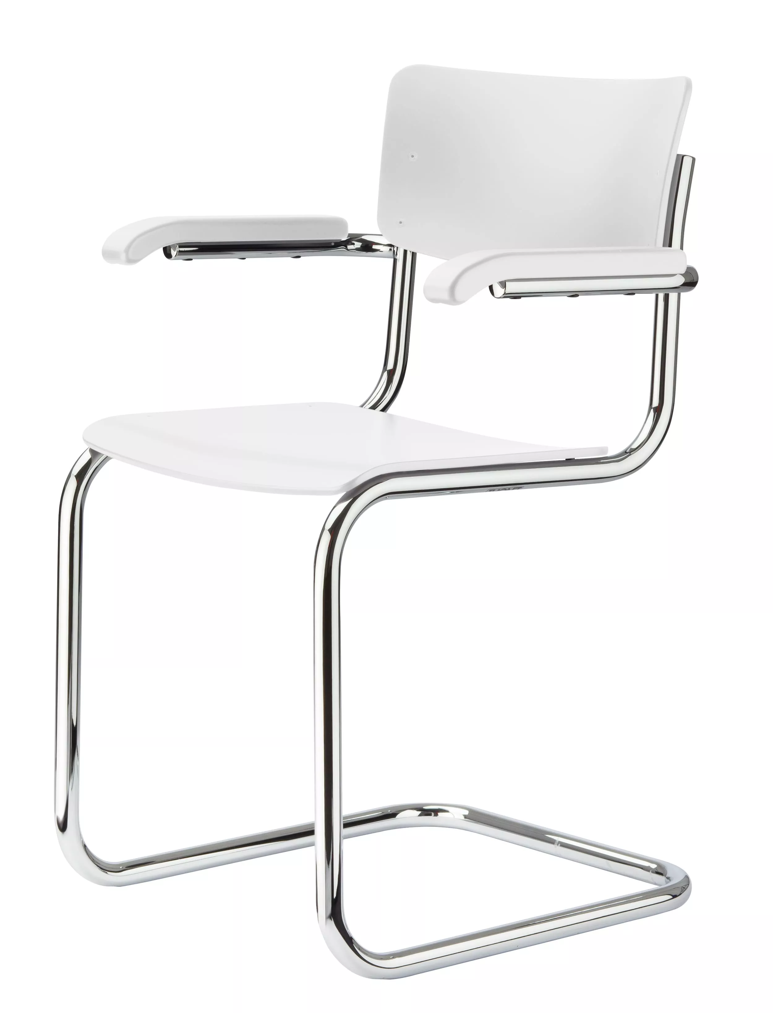 Thonet S 43 F Stuhl in weiß lasiert mit verchromtem Stahlrohrgestell ohne Hintergrund