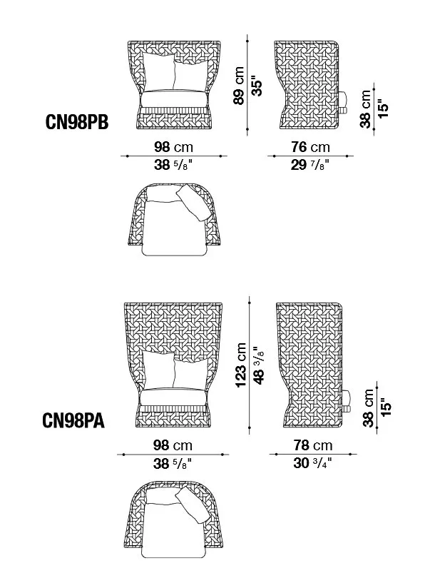 Technisches Datenblatt für B&B Italia Canasta Outdoor Sessel mit hoher Rückenlehne 98 cm in verschiedenen Abmessungen und Designs.